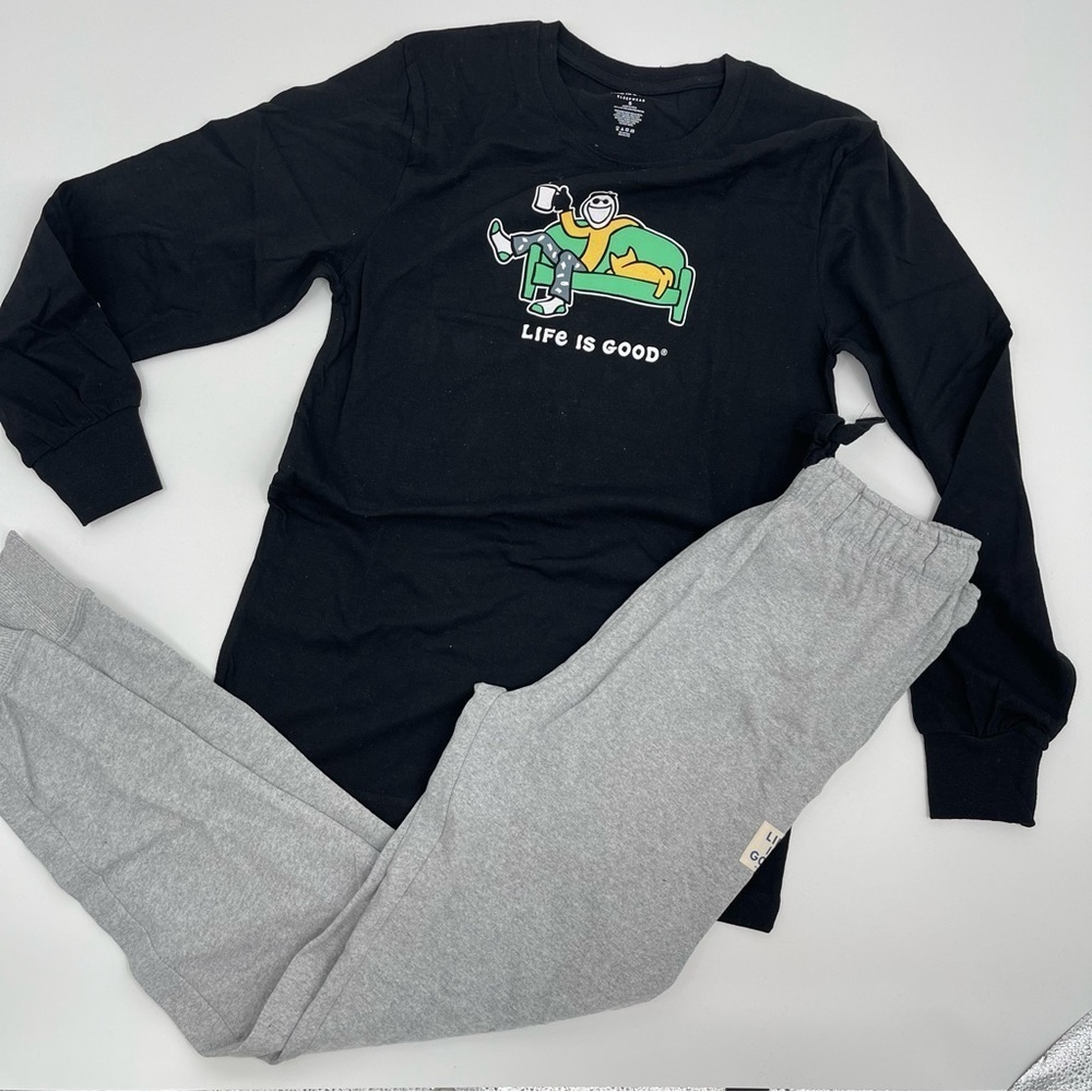 Life is Good Men’s Size Small lounge sleep pajama set black gray Jake lounging